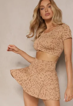Brązowy Komplet Sportowy Spódnico-Spodenki Mini i Krótki T-shirt Tillifia