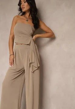 Brązowy Komplet Top Bandeau z Trenem i Spodnie o Szerokim Kroju Redomiae