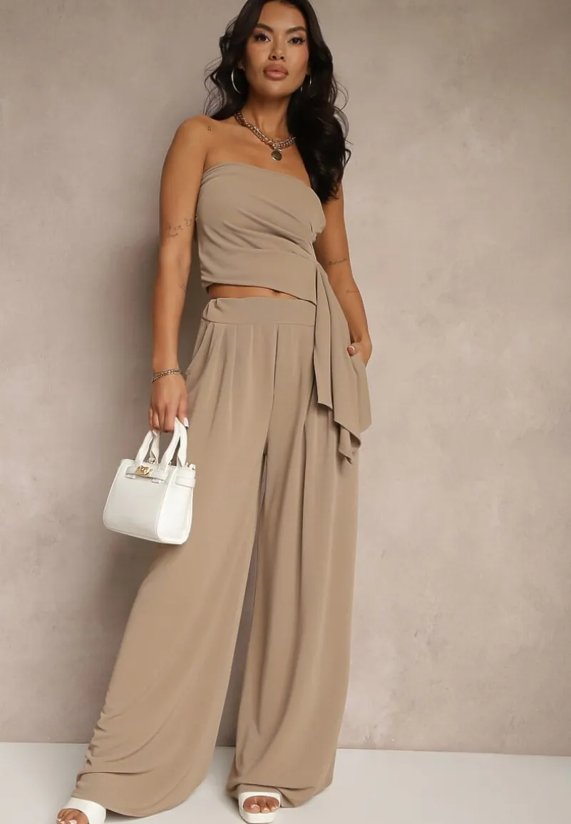 Brązowy Komplet Top Bandeau z Trenem i Spodnie o Szerokim Kroju Redomiae