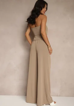 Brązowy Komplet Top Bandeau z Trenem i Spodnie o Szerokim Kroju Redomiae