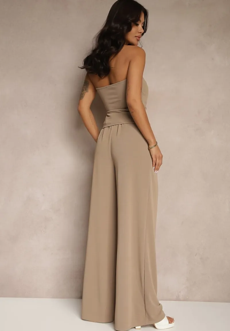 Brązowy Komplet Top Bandeau z Trenem i Spodnie o Szerokim Kroju Redomiae