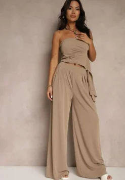 Brązowy Komplet Top Bandeau z Trenem i Spodnie o Szerokim Kroju Redomiae