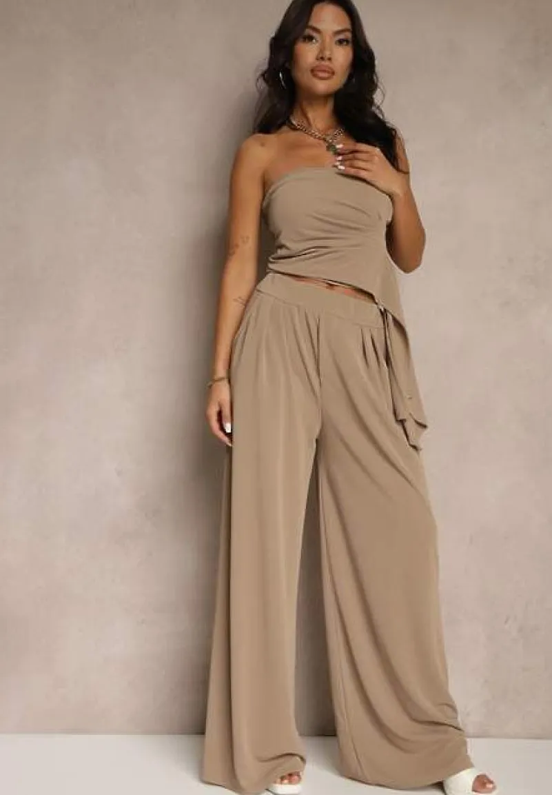 Brązowy Komplet Top Bandeau z Trenem i Spodnie o Szerokim Kroju Redomiae