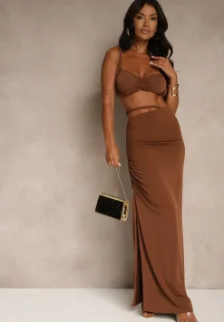 Brązowy Komplet Top i Spódnica Zdobiona Marszczeniem Saviavelle