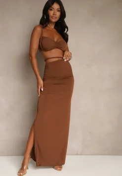 Brązowy Komplet Top i Spódnica Zdobiona Marszczeniem Saviavelle