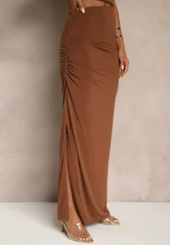 Brązowy Komplet Top i Spódnica Zdobiona Marszczeniem Saviavelle