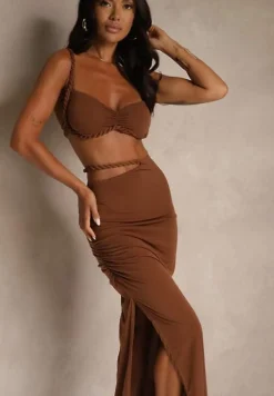 Brązowy Komplet Top i Spódnica Zdobiona Marszczeniem Saviavelle