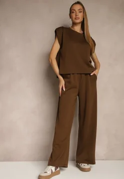 Brązowy Komplet z Wiskozą Szerokie Spodnie i Koszulka z Usztywnionymi Ramionami Neidra