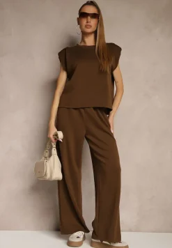 Brązowy Komplet z Wiskozą Szerokie Spodnie i Koszulka z Usztywnionymi Ramionami Neidra