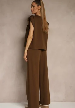 Brązowy Komplet z Wiskozą Szerokie Spodnie i Koszulka z Usztywnionymi Ramionami Neidra