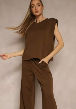 Brązowy Komplet z Wiskozą Szerokie Spodnie i Koszulka z Usztywnionymi Ramionami Neidra