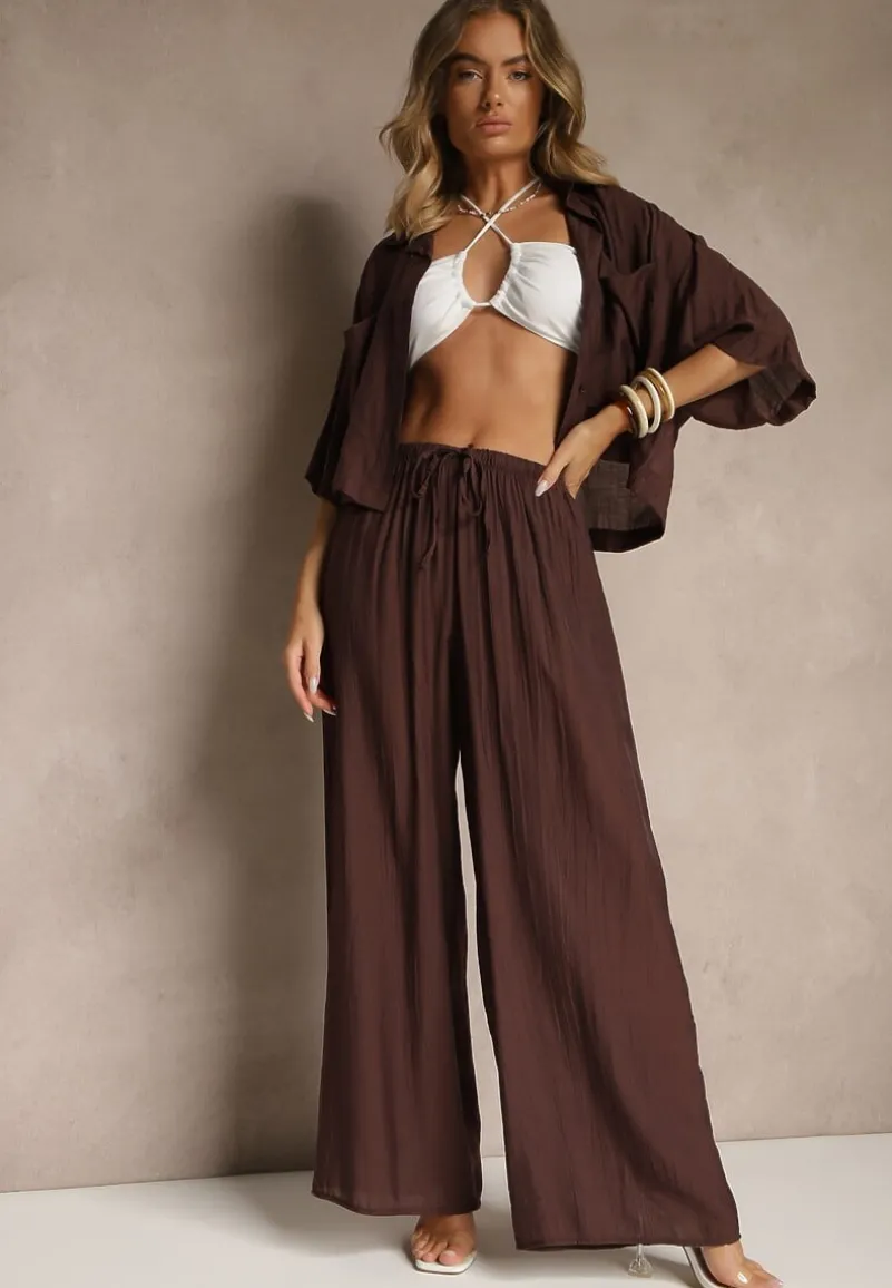 Brązowy Komplet z Wiskozy o Kroju Oversize Koszula i Spodnie Dovaraella