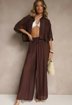Brązowy Komplet z Wiskozy o Kroju Oversize Koszula i Spodnie Dovaraella