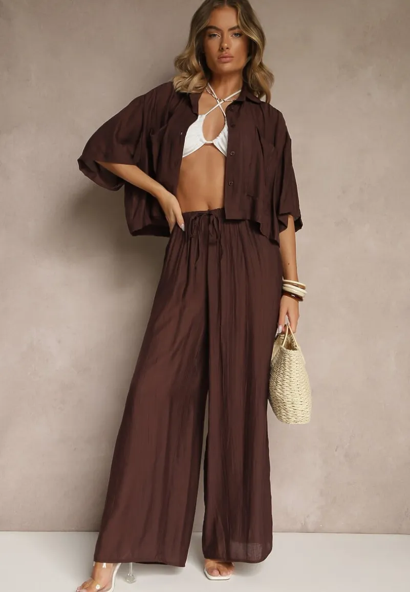 Brązowy Komplet z Wiskozy o Kroju Oversize Koszula i Spodnie Dovaraella