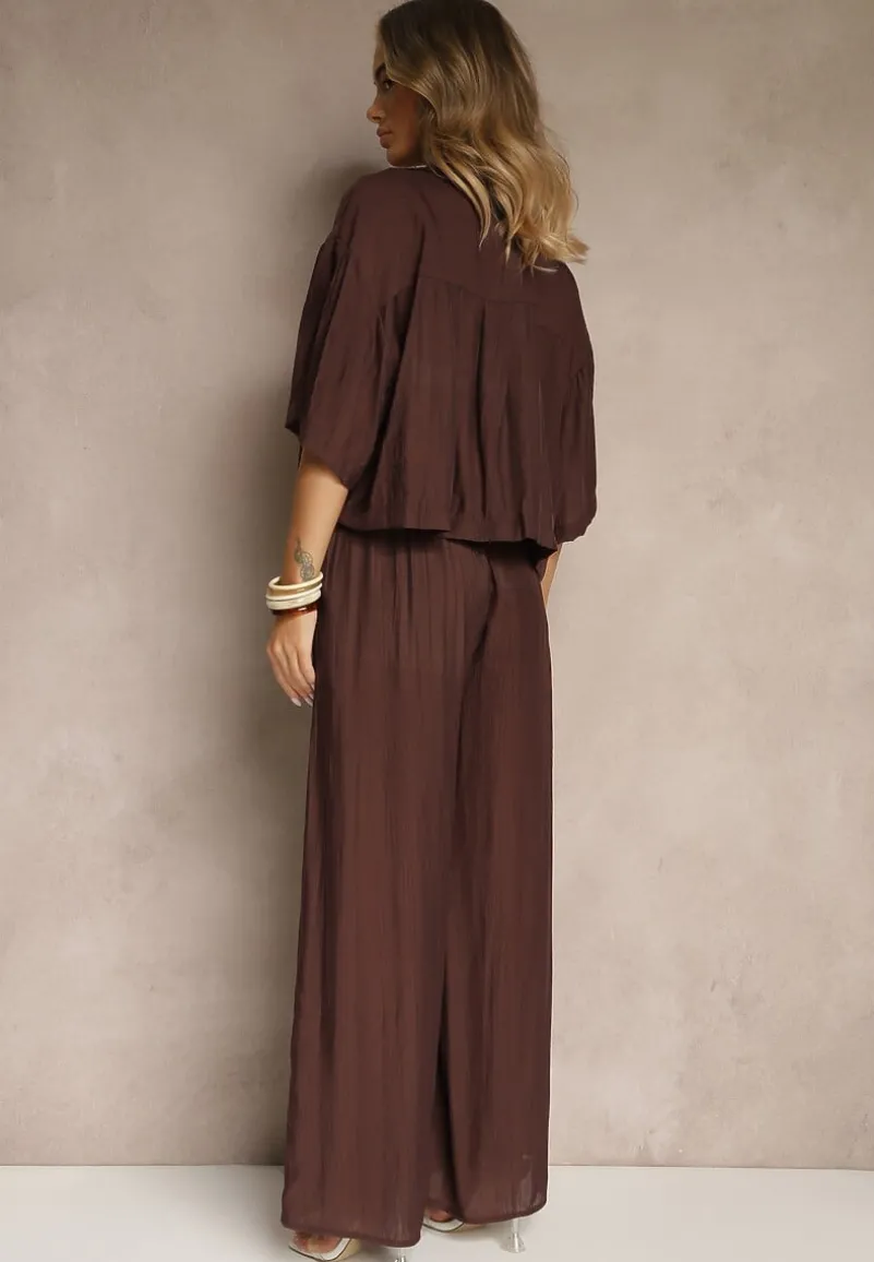 Brązowy Komplet z Wiskozy o Kroju Oversize Koszula i Spodnie Dovaraella