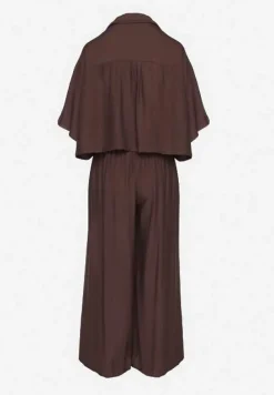 Brązowy Komplet z Wiskozy o Kroju Oversize Koszula i Spodnie Dovaraella