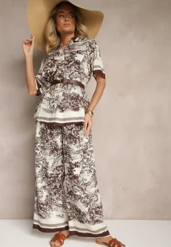 Brązowy Komplet z Wiskozy Koszula i Spodnie z Motywem Roślinnym Ridiene