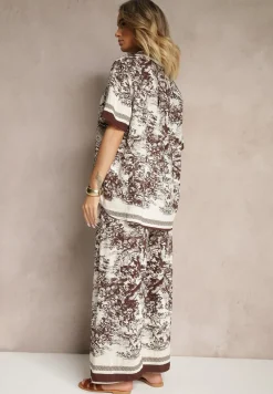 Brązowy Komplet z Wiskozy Koszula i Spodnie z Motywem Roślinnym Ridiene