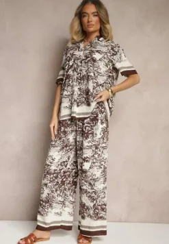 Brązowy Komplet z Wiskozy Koszula i Spodnie z Motywem Roślinnym Ridiene