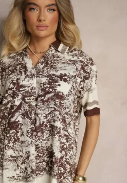 Brązowy Komplet z Wiskozy Koszula i Spodnie z Motywem Roślinnym Ridiene