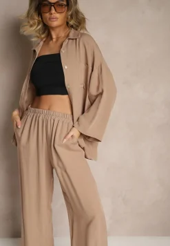 Brązowy Komplet z Wiskozy Spodnie o Szerokim Kroju i Koszula Novesca
