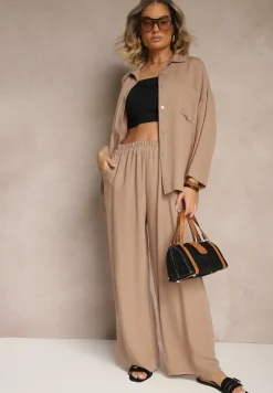 Brązowy Komplet z Wiskozy Spodnie o Szerokim Kroju i Koszula Novesca