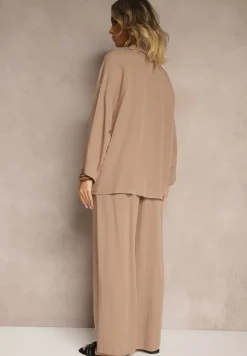 Brązowy Komplet z Wiskozy Spodnie o Szerokim Kroju i Koszula Novesca