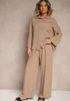 Brązowy Komplet z Wiskozy Spodnie o Szerokim Kroju i Koszula Novesca