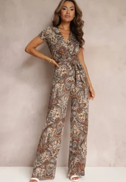 Brązowy Kopertowy Kombinezon z Długimi Nogawkami i Materiałowym Paskiem w Kwiaty Lucianne
