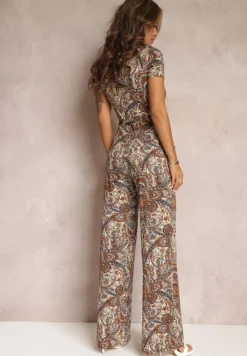 Brązowy Kopertowy Kombinezon z Długimi Nogawkami i Materiałowym Paskiem w Kwiaty Lucianne