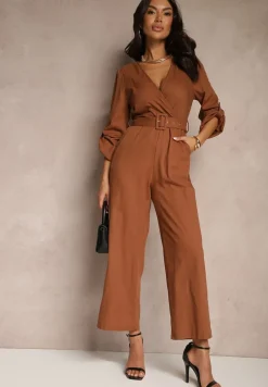 Brązowy Kopertowy Kombinezon z Bawełny z Dodatkowym Paskiem i Gumką w Talii Rinnarela