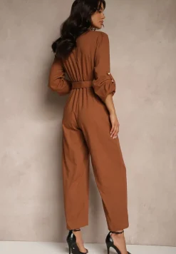 Brązowy Kopertowy Kombinezon z Bawełny z Dodatkowym Paskiem i Gumką w Talii Rinnarela
