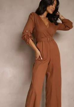 Brązowy Kopertowy Kombinezon z Bawełny z Dodatkowym Paskiem i Gumką w Talii Rinnarela