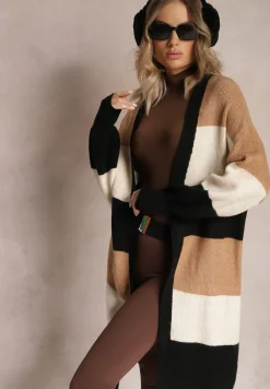 Brązowy Luźny Kardigan Niezapinany w Paski Blikoze