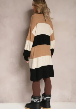 Brązowy Luźny Kardigan Niezapinany w Paski Blikoze