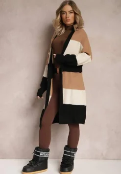 Brązowy Luźny Kardigan Niezapinany w Paski Blikoze