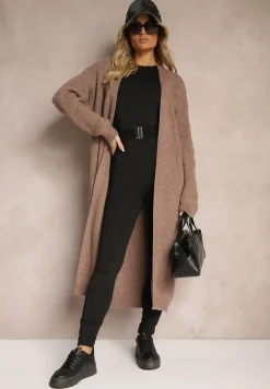 Brązowy Nierozpinany Casualowy Kardigan o Długim Kroju Ozdobiony Ściągaczami Arfilia