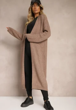 Brązowy Nierozpinany Casualowy Kardigan o Długim Kroju Ozdobiony Ściągaczami Arfilia