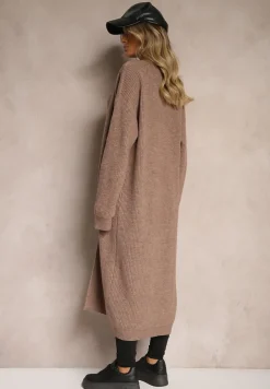 Brązowy Nierozpinany Casualowy Kardigan o Długim Kroju Ozdobiony Ściągaczami Arfilia