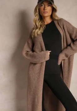 Brązowy Nierozpinany Casualowy Kardigan o Długim Kroju Ozdobiony Ściągaczami Arfilia