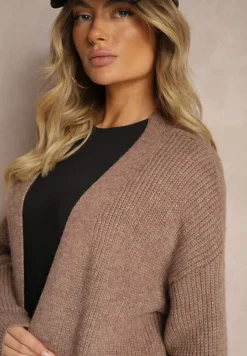 Brązowy Nierozpinany Casualowy Kardigan o Długim Kroju Ozdobiony Ściągaczami Arfilia