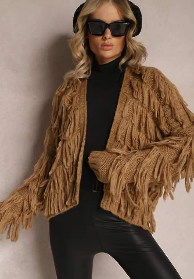 Brązowy Niezapinany Kardigan z Frędzlami Segentri