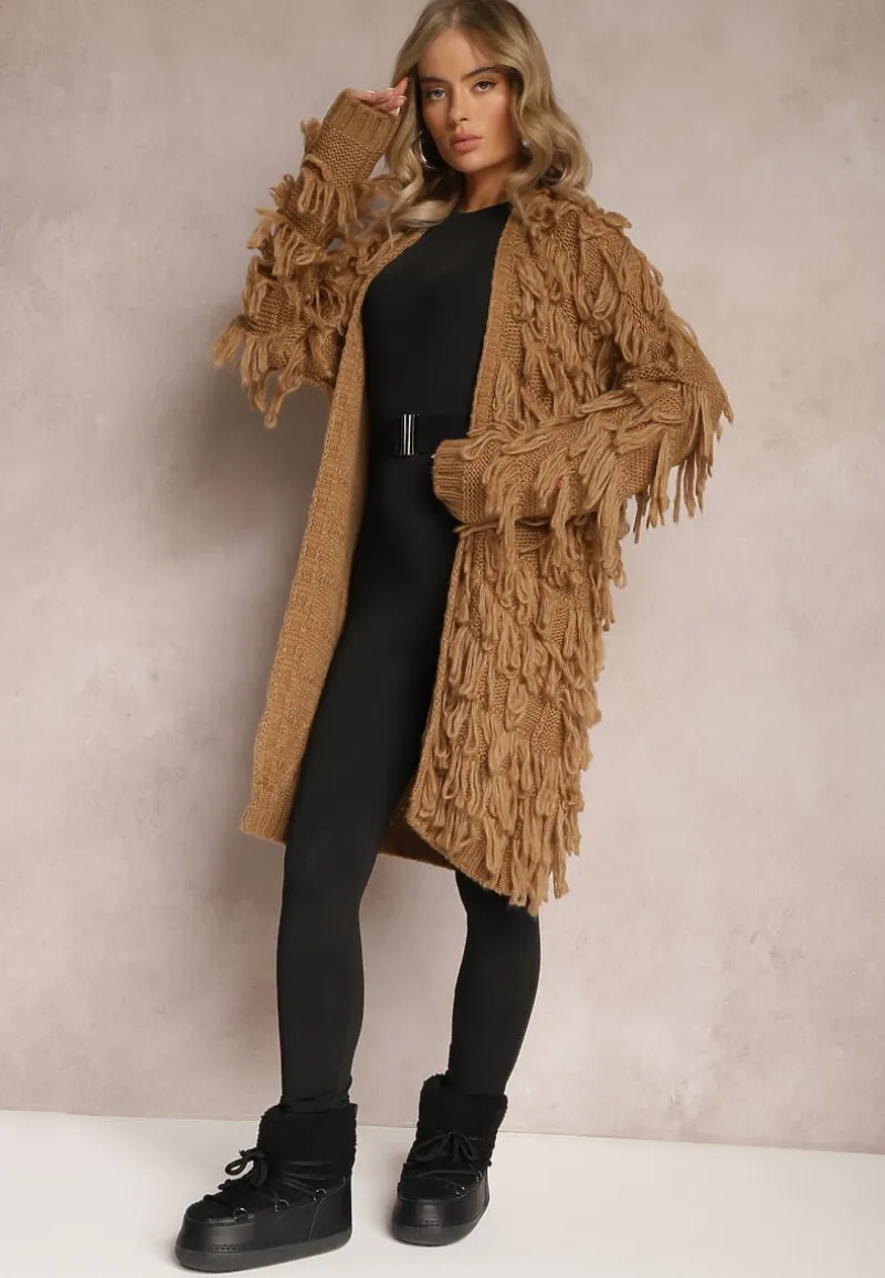 Brązowy Niezapinany Kardigan w Ozdobne Frędzle Massawa