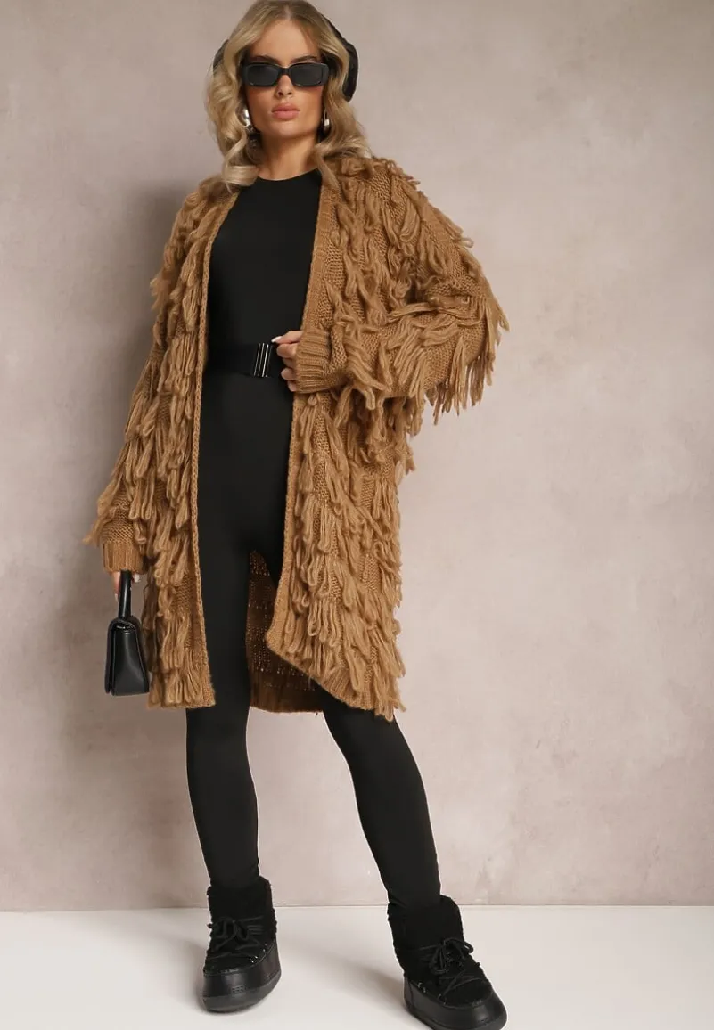 Brązowy Niezapinany Kardigan w Ozdobne Frędzle Massawa