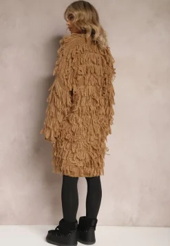 Brązowy Niezapinany Kardigan w Ozdobne Frędzle Massawa