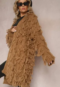 Brązowy Niezapinany Kardigan w Ozdobne Frędzle Massawa