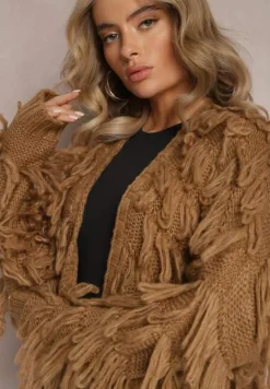 Brązowy Niezapinany Kardigan w Ozdobne Frędzle Massawa
