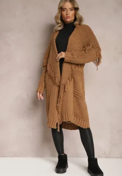 Brązowy Niezapinany Kardigan o Długim Kroju z Frędzlami Finantia