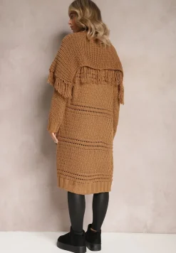 Brązowy Niezapinany Kardigan o Długim Kroju z Frędzlami Finantia