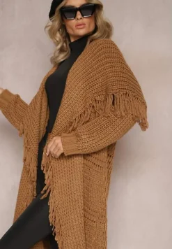Brązowy Niezapinany Kardigan o Długim Kroju z Frędzlami Finantia